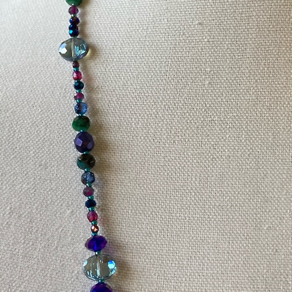 Boho Recycled Sari Silk Tassel Necklace w Czech Pressed Glass in Blues & Pinks - Picture 7 of 9